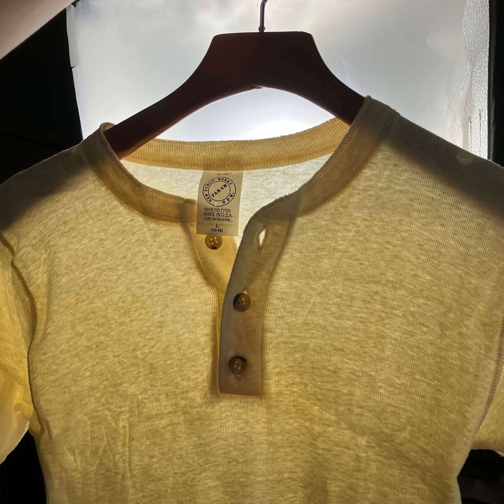 VTG 90s Henley Shirt Paper Thin Boys L Fits Women XS Cream Long Sleeve Made USA